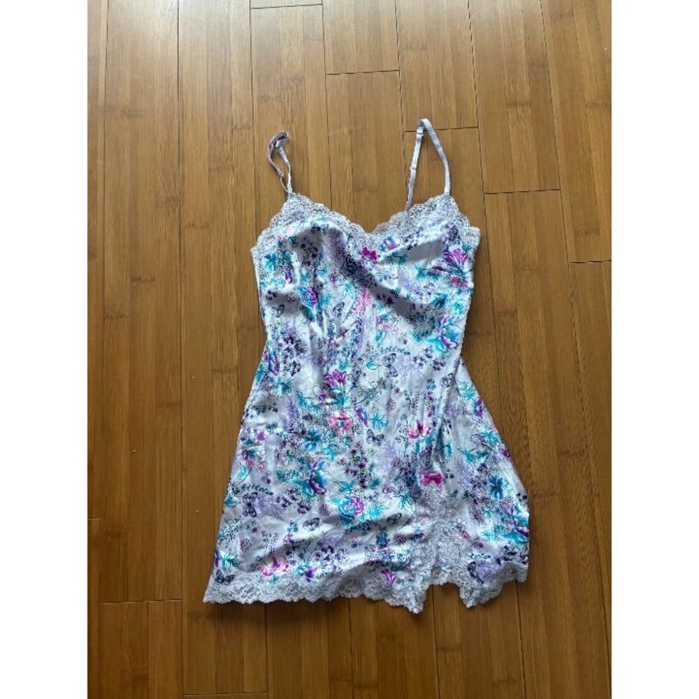 Victoria Secret Satin Floral Purple Y2k Lace Slip Mini Dress XS